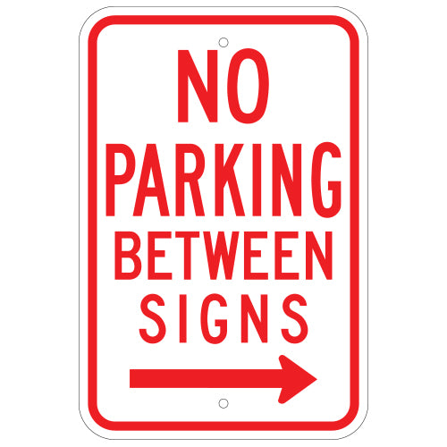 No Parking Between Signs, with Right Arrow